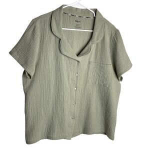 Born Womens Gauzy Crop Shirt Size XL Khaki Green Cotton Button Up Short Sleeve